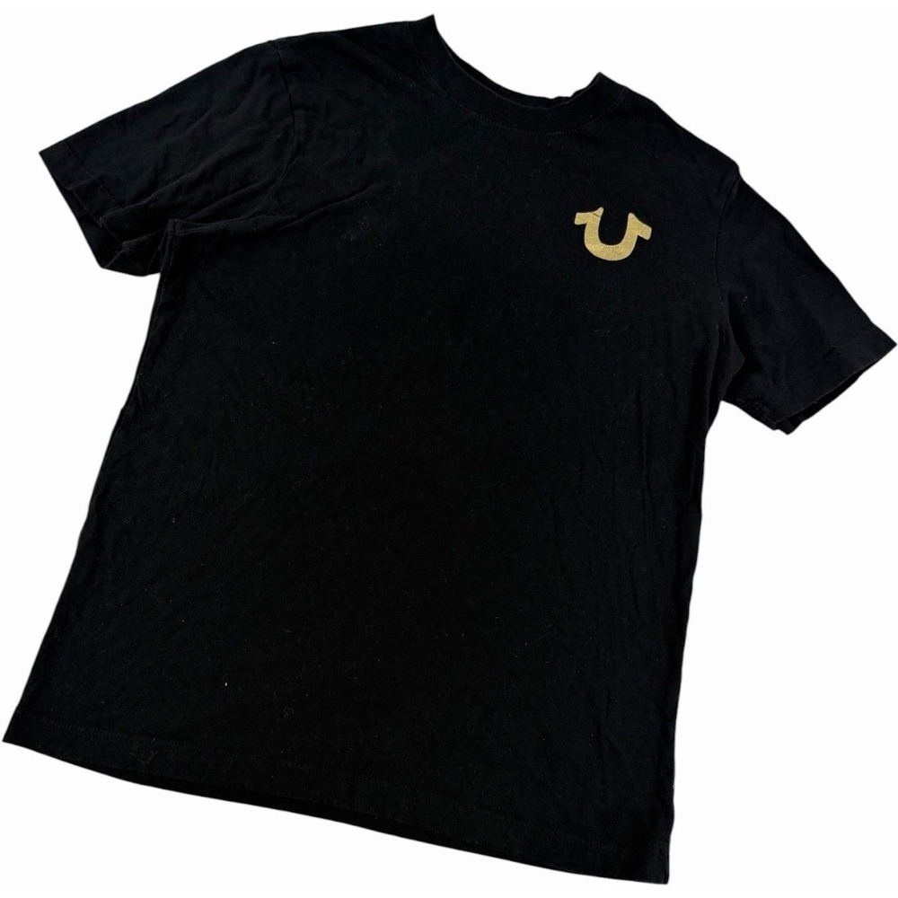 True Religion Mens Black Crew Neck T-Shirt Gold Metallic Horseshoe Logo Small